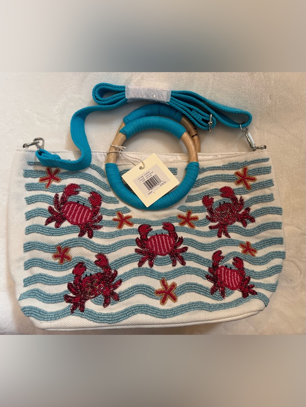Sol and Mer White Canvas Tote. Turquoise Handles & handcrafted beaded Crabs NWT - Picture 4 of 7
